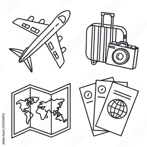 black and white line art illustration, minimalist transportation icons, airplane, suitcase, map, passport, digital camera, high contrast, simple vector graphics
