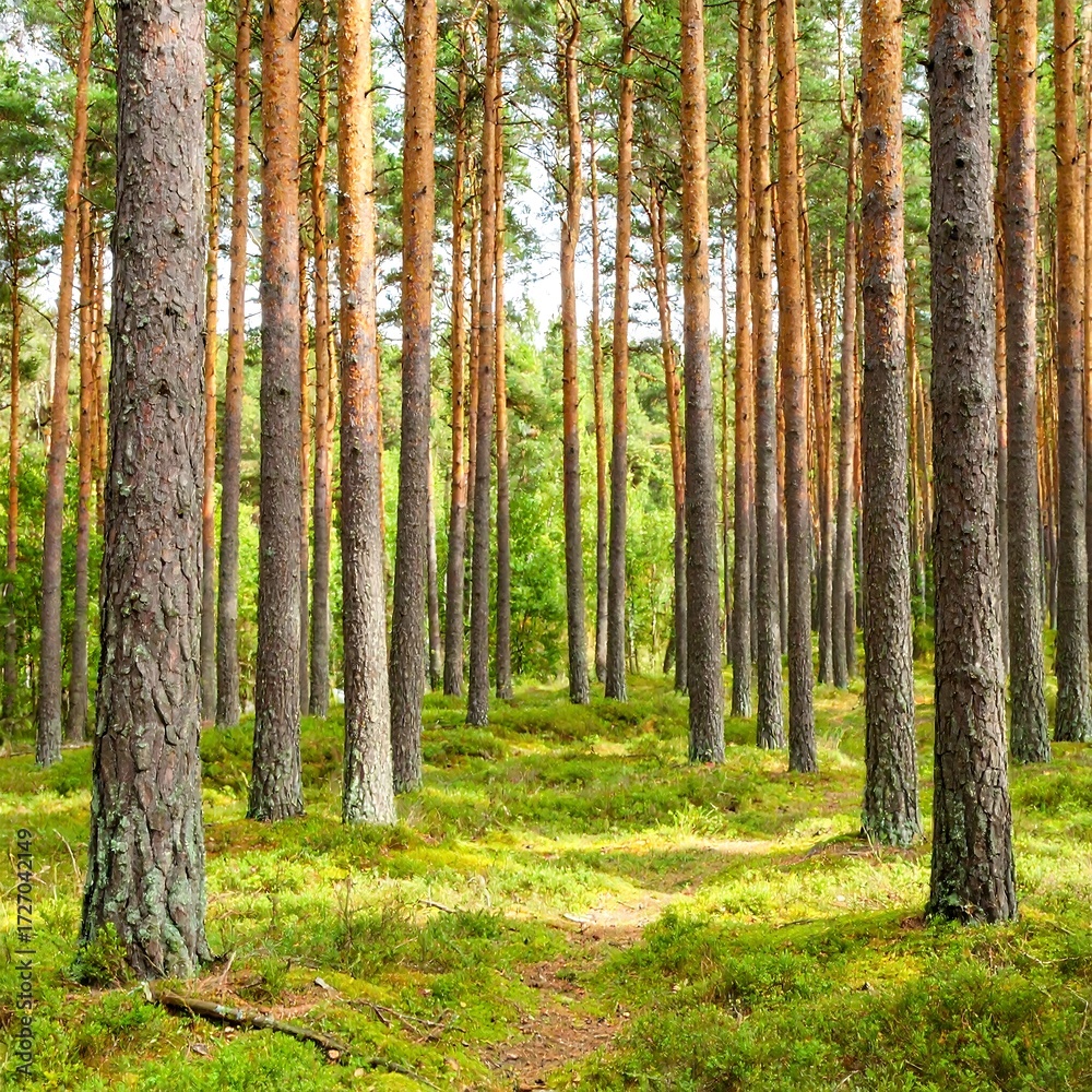 Fototapeta premium Lush pine forest with sunlight filtering through