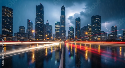 Rainy Cityscape at Night with Lightning and Light Trails on Wet Road