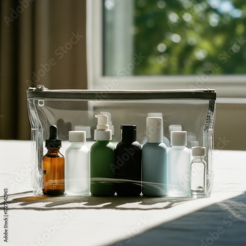 Travel size skincare bottles in a clear cosmetic bag in sunlight