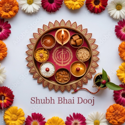Bhai dooj celebration with aarti thali and flowers