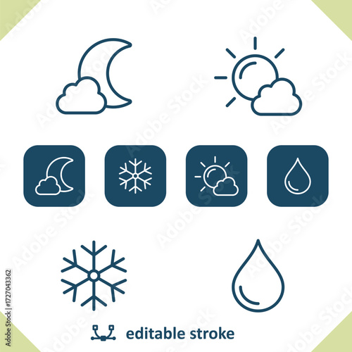 Weather Icons. Moon, Cloud, Sun, Snowflake, Raindrop, Droplet