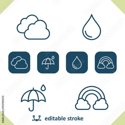 Weather Icons. Raining, Rain, Cloud, Raindrop, Droplet, Rainbow, Umbrella