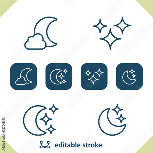 Weather Icons. Stars, Moon, Cloud, Night