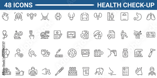 Set of 48 outline icons related to health check-up. Linear icon collection. Editable stroke. Vector illustration.