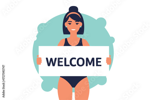 Friendly Illustration Of A Woman In Swimwear Holding A Welcome Sign, Greeting Viewers For Hospitality And Events