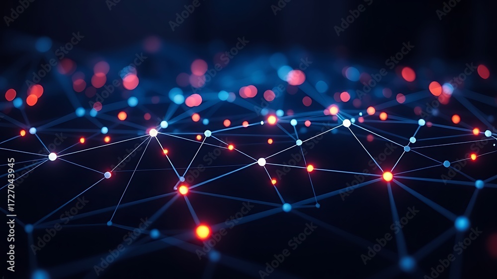 Obraz premium Futuristic network concept with glowing nodes and lines, set against a dark and atmospheric background.