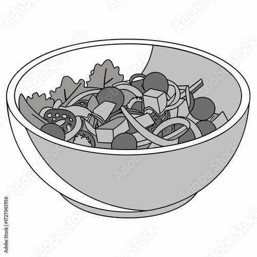 a black and white line art illustration of a bowl filled with a variety of vegetables and fruits, high contrast, minimal style, graphic design
