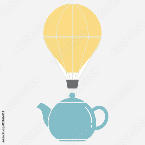 Creative conceptual vector illustration of a yellow hot air balloon taking flight from a blue teapot, representing imagination and travel