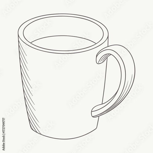 A black and white line art sketch of a ceramic coffee mug with a simple handle, clean minimalist design, shaded details, uncluttered background.

