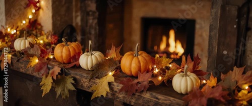 Cozy Fireplace with Autumn Decorations Background. The soft focus and gentle zoom create a relaxing, festive, and cozy atmosphere for holiday content.