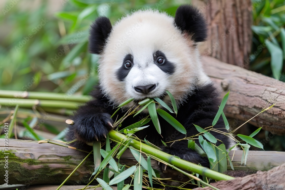 Fototapeta premium Panda cub eating bamboo branches in forest environment