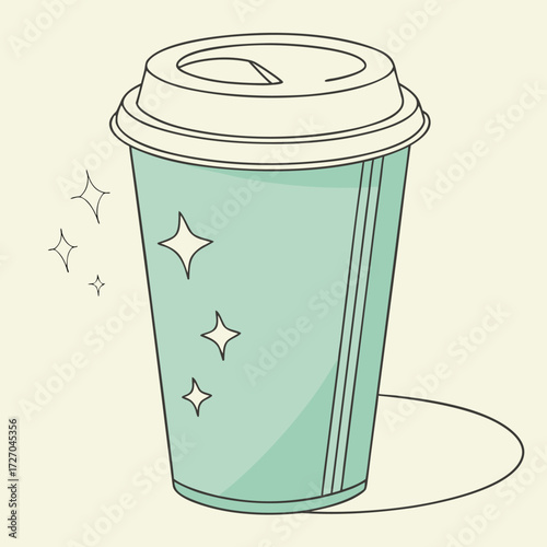 a digital illustration of a disposable coffee cup with a mint green background, stars surrounding the cup, minimalist, clean lines, vector art
