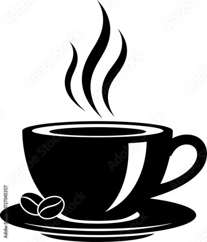 coffee cup icon,  Hot steaming coffee in classic black vector mug icon for cafe design,  Steaming black coffee cup illustration with saucer and stylized steam