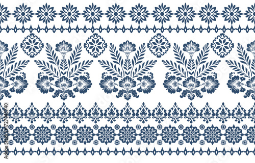 floral pattern vintage ethnic modern embroidery texture boho design vector illustration hand drawn pink flower motif branches leaves wallpaper seamless background border.