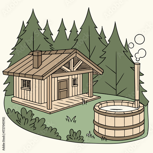 Cozy Wooden Bathhouse with Steaming Hot Tub in Forest – Wellness Retreat Vector Illustration