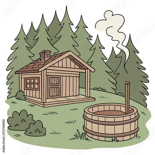Cozy Wooden Bathhouse with Steaming Hot Tub in Forest – Wellness Retreat Vector Illustration
