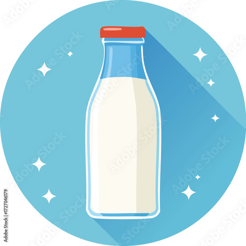 A bottle of fresh milk in a circle. A flat design vector icon with a long shadow for concepts of dairy, breakfast, and nutrition. Generative AI