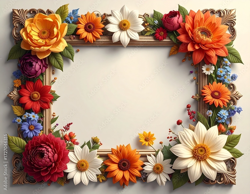 Obraz premium Marco decorativo para foto, con diseño artístico y detallado. Cada esquina representa una estación del año con flores características: El marco elegante, con fondo neutro y centro vacío