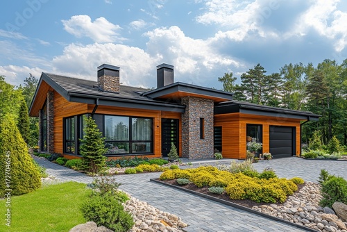 Modern ranch style private house with timber wood cladding. Residential architecture exterior, Generative AI