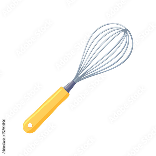 A wire kitchen whisk with a yellow handle. An isolated vector illustration of a cooking utensil for baking and mixing. Generative AI