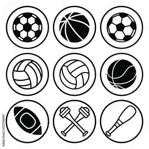 Collection of nine circular icons representing various sports balls and equipment in a clean black and white line art style