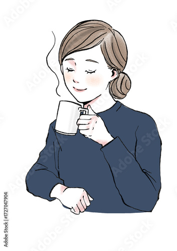 イラスト素材：暖かい飲み物を飲む・女性・コーヒー・リラックス