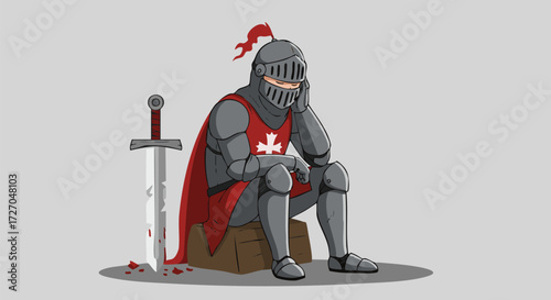 Weary knight sits with sword after battle reflecting on loss and sacrifice