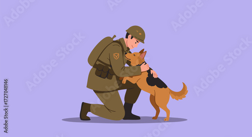 Soldier kneeling and embracing his loyal dog friend in a heartwarming moment
