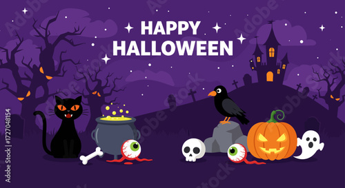 This vector illustration captures a spooky Halloween night with a cartoon pumpkin, haunted house, and crows against a dark moonlit autumn sky