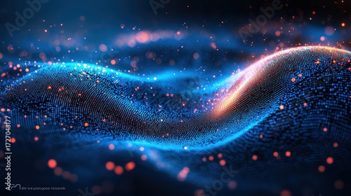 Abstract digital wave, glowing particles, dark background. Possible use Background image for technology, science, or abstract art projects