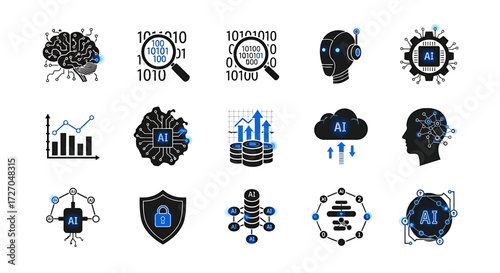 A collection of Artificial Intelligence icons representing the digital world. The icons depict various aspects of AI, including the brain, data, and cloud Vector illustration
