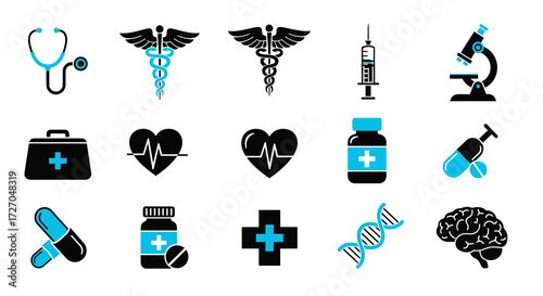 A set of medical icons against a light background, symbolizing healthcare and medicine. The set includes stethoscopes, caduceus symbols, syringes, microscopes, first aid kits. Vector illustration