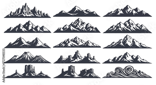 Various Mountain silhouettes in different designs. This versatile graphic showcases a collection of diverse mountain ranges Vector illustration
