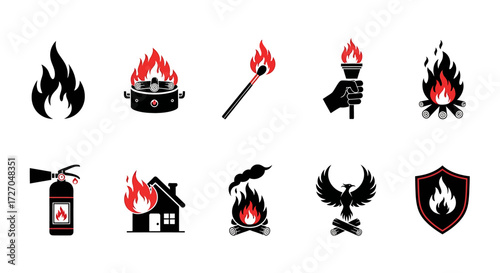 Variety of fire related icon illustration, representing fire in different ways. This image can be used for various purposes such as education, safety, and design Vector illustration