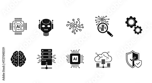 A collection of stylized AI and technology icons in a minimalist design. Featuring circuit boards, a robot head, and more. Vector illustration