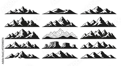 A collection of various stylized mountain silhouettes, perfect for design projects. These graphics feature different peaks, ridges, and landscapes.  Vector illustration