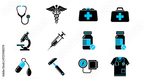 Collection of various medical icons representing healthcare tools and equipment. The icons include a stethoscope, caduceus symbol, medicine cabinet, first aid kit, microscope. Vector illustration