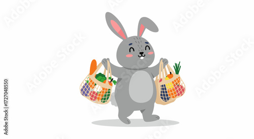 Happy bunny carrying grocery bags filled with fresh vegetables and fruits