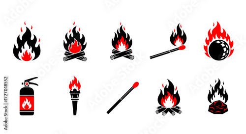 A collection of various fire icons in black and red, perfect for illustrating concepts like danger or heat Vector illustration