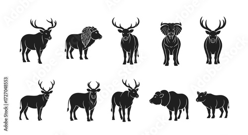 Silhouettes of various animals against a solid background, showcasing different species in a minimalist style Vector illustration