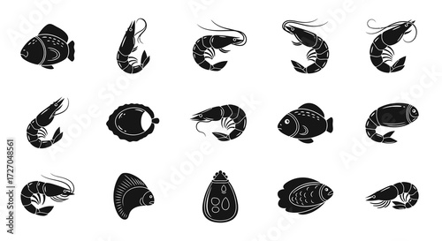 Array of Various Seafood Icon. A collection of fish, shrimp, and other sea creatures icons in a black and white graphic Vector illustration