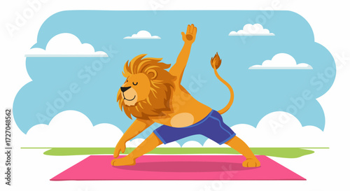 Lion practicing yoga triangle pose on a pink mat outdoors under a cloudy sky