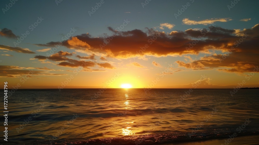 Obraz premium Sunrise & Sunset Coastal Landscapes: Orange/Red Sky Reflections, Blue Ocean Waves & Summer Beach Vistas