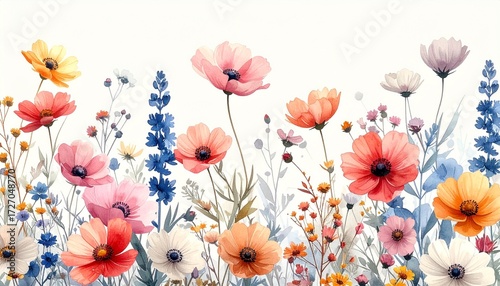 Watercolor painting of a vibrant meadow filled with colorful wildflowers.
