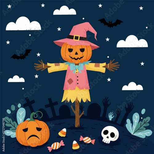 A scarecrow pumpkin head wearing witch hat in the midnight halloween, vector illustration design
