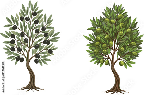 Black Olive Tree and Green Olive Tree Side by Side, Botanical Comparison of Ripening Fruit in Agricultural Nature Vector Illustration Design