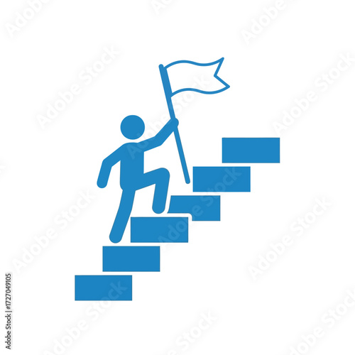 Blue icon of a person climbing stairs to success, holding a flag to symbolize achievement and reaching goals.
