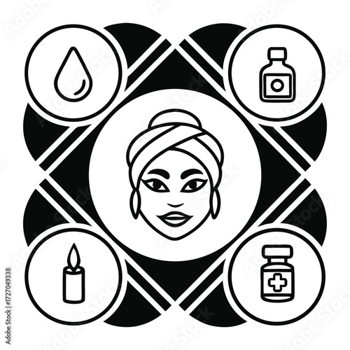 Woman s face with spa elements like a water drop candle and beauty products in a circular pattern