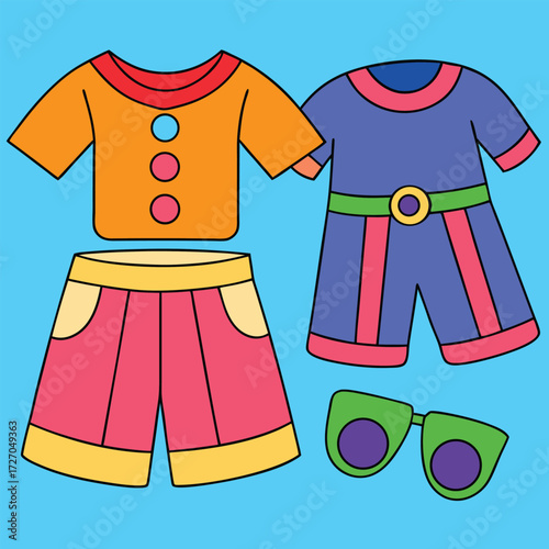 Vibrant collection of children s summer clothing and accessories including a short sleeve t shirt shorts and a romper with sunglasses for sunny outdoor activities and vacation